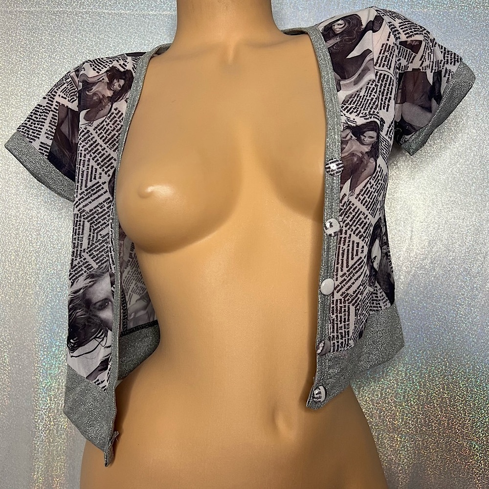 Y2K newspaper cardigan shrug short sleeve silver sparkly glitter buttons Celebs
